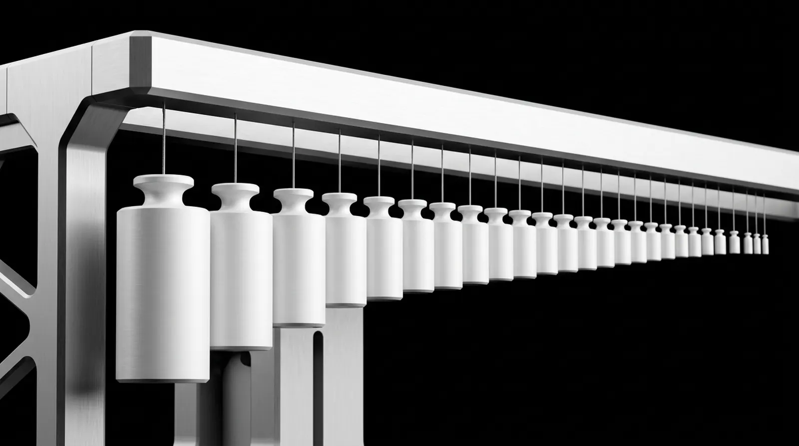 Une longue poutre horizontale d’où pendent une trentaine de masses cylindriques suspendues à des fils. La plus proche est la plus grosse ; les suivantes rapetissent régulièrement en s’éloignant, sans jamais disparaître tout à fait.