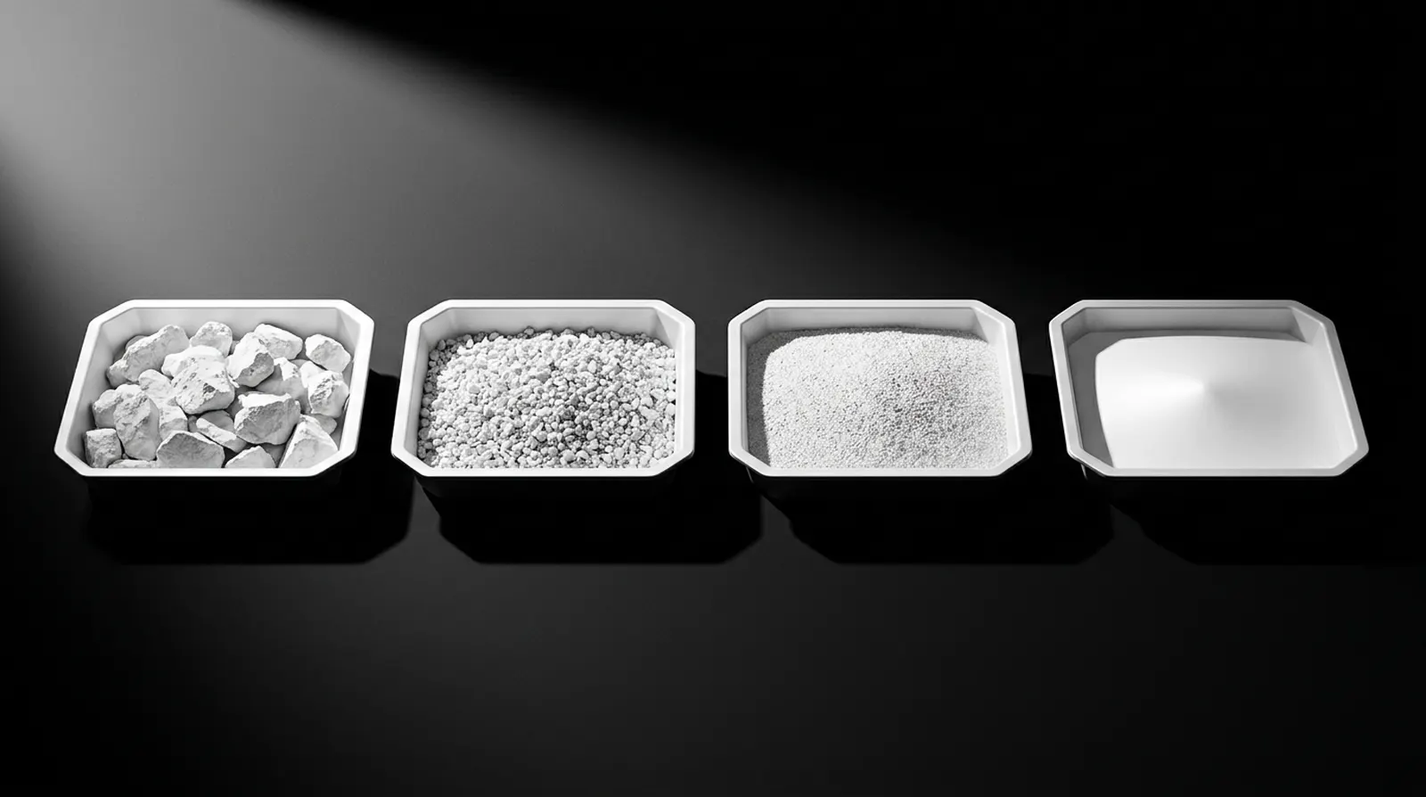 Quatre plateaux métalliques identiques alignés, contenant la même matière à quatre degrés de finesse : gros éclats à gauche, grain de plus en plus fin, surface presque lisse à droite.