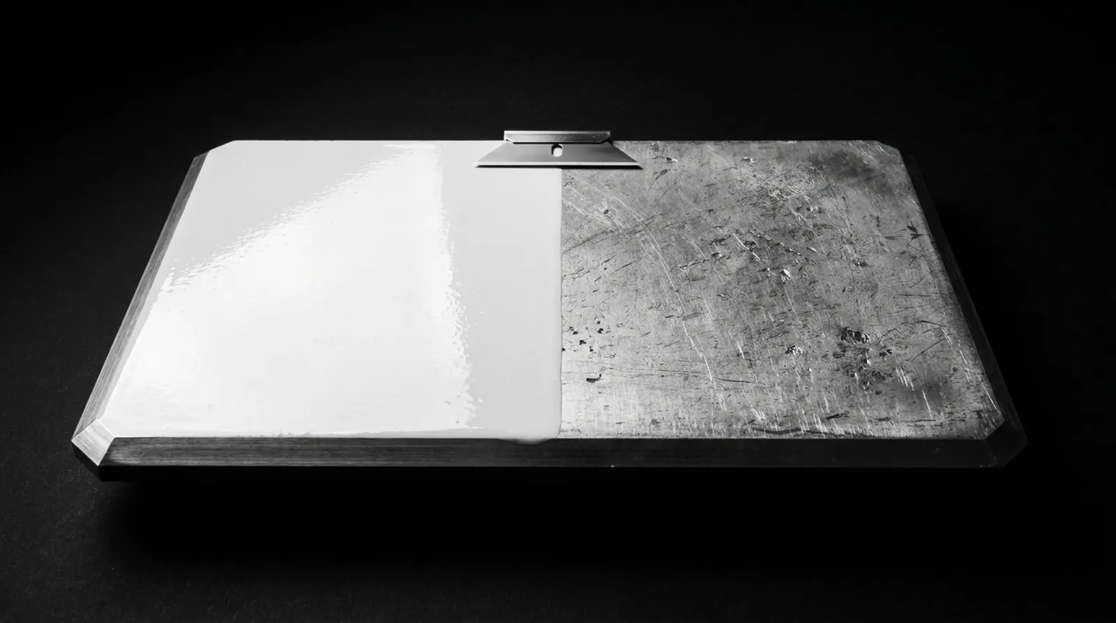 Une plaque métallique dont la moitié gauche est polie miroir et la moitié droite laissée brute et rugueuse, l’une prolongeant exactement l’autre sans rupture.