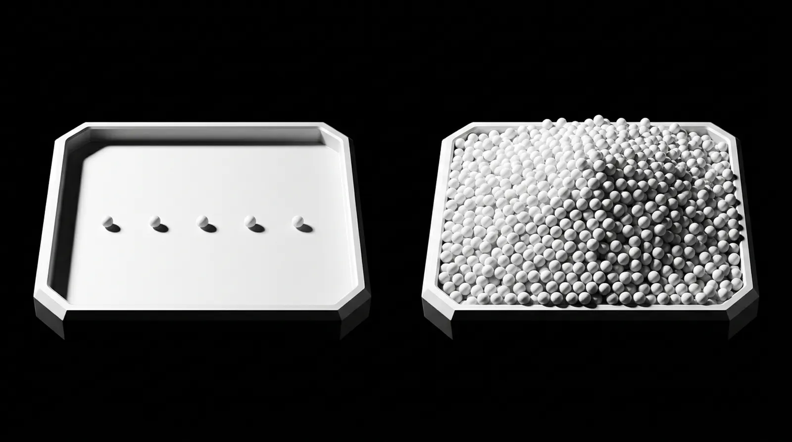 Deux plateaux métalliques identiques posés côte à côte : celui de gauche porte cinq petites billes bien espacées, celui de droite en porte plusieurs milliers qui le remplissent entièrement.